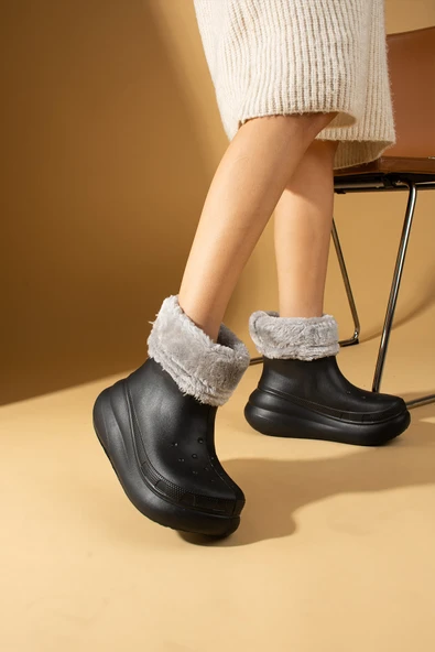 Pembe Potin İçi Kürklü Kalın Taban EVA Su Geçirmez Kadın Yağmur Botu 001-1900-24 - Resim 6