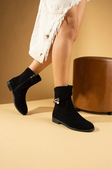 Pembe Potin Toka Detaylı Fermuarlı Oval Burun Kadın Bot 84-2409-24Süet - Resim 6