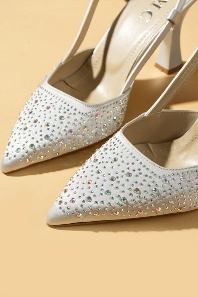 Pembe Potin Su Damlası Taşlı Sivri Burun Arkası Açık Slingback Kadın Topuklu Ayakkabı 71-628-25 - 12