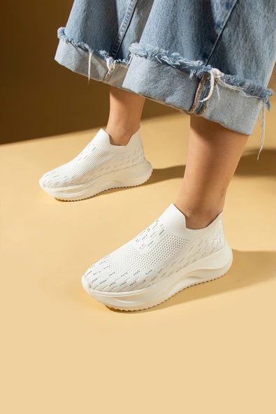 Pembe Potin Taş Detaylı Triko Kalın Taban Kadın Sneaker 59-88-25 - 4