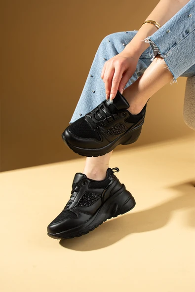 Pembe Potin Kalın Taban Bağcıklı Fileli Taş Detaylı Kadın Sneakers 89-044-25 - Resim 4