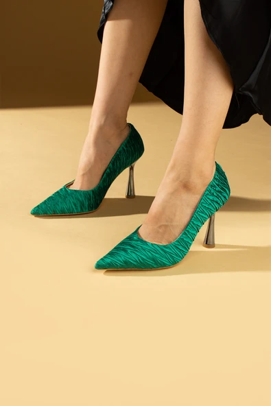 Pembe Potin Kırışık Saten Kadeh Topuklu Rahat Kalıp Kadın Topuklu Ayakkabı 017-1880-23Saten - Resim 4