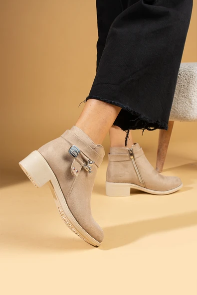 Pembe Potin Toka Detaylı Fermuarlı Kadın Bot 57-02-24Süet - Resim 5