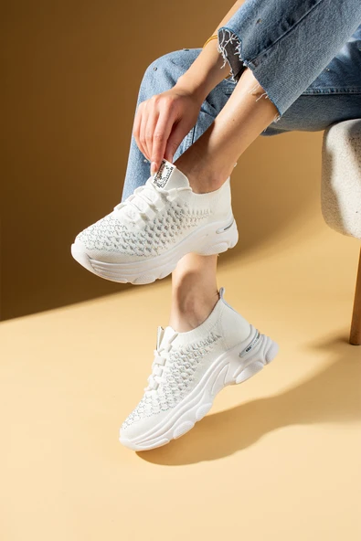 Pembe Potin Parlak Taş Detaylı Bağcıklı Triko Rahat Taban Kadın Sneakers 36-872-25 - 5