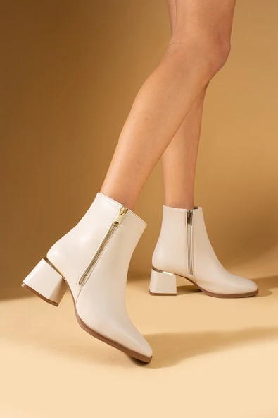 Pembe Potin Küt Burun Çift Fermuarlı Topuk Detaylı Kadın Bot 58-629-24 - Resim 5