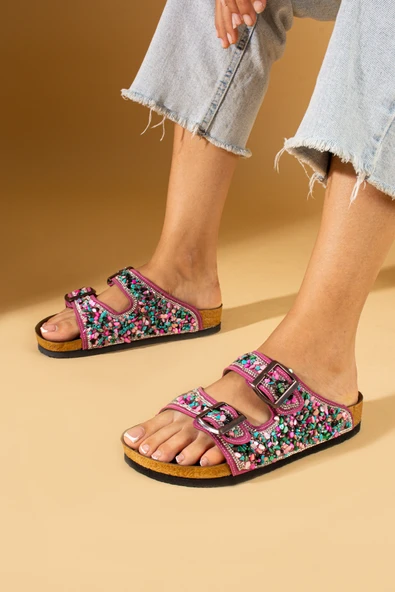 Pembe Potin Renkli Doğal Taşlı Çift Tokalı Anatomik Taban Kadın Terlik 51-605-24 - Resim 7