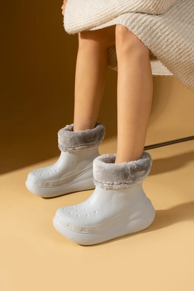 Pembe Potin İçi Kürklü Kalın Taban EVA Su Geçirmez Kadın Yağmur Botu 001-1900-24 - Resim 3