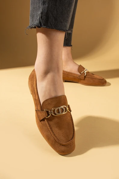 Pembe Potin Taşlı Metal Toka Detaylı Rahat Kalıp Kadın Babet 016-080-25Süet - Resim 9