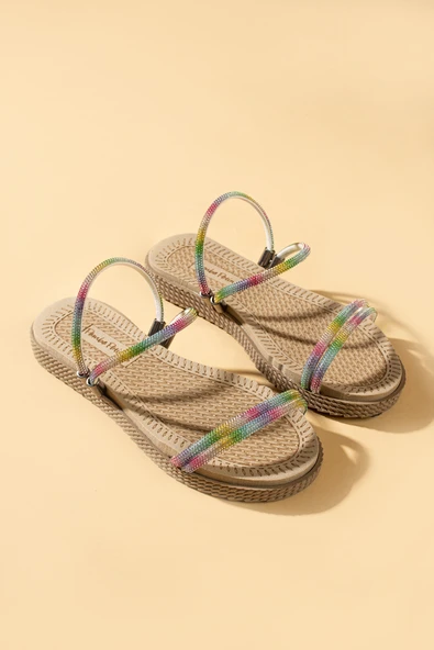 Pembe Potin Parlak Taşlı İnce Bantlı Hasır Taban Comfort Kadın Sandalet 020-758-24Renkli - 3