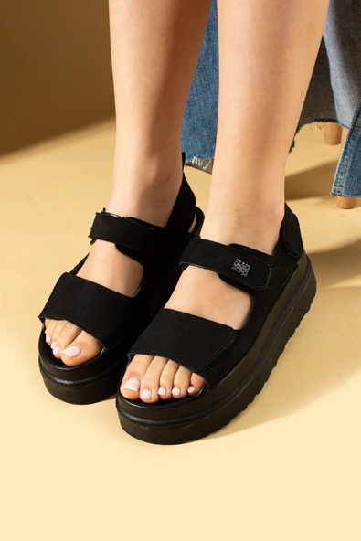 Pembe Potin Kalın Taban Ayarlanabilir Cırtlı Kadın Sandalet 024-025-25Süet - Resim 2