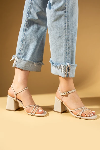 Pembe Potin İnce Bantlı Tokalı Kare Topuklu Kadın Ayakkabı 001-1060-25Rugan - Resim 8