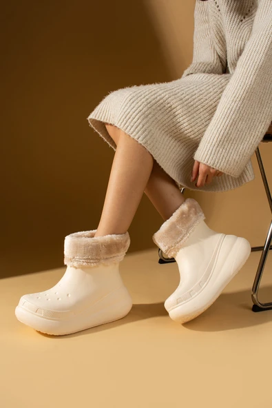 Pembe Potin İçi Kürklü Kalın Taban EVA Su Geçirmez Kadın Yağmur Botu 001-1900-24 - Resim 8