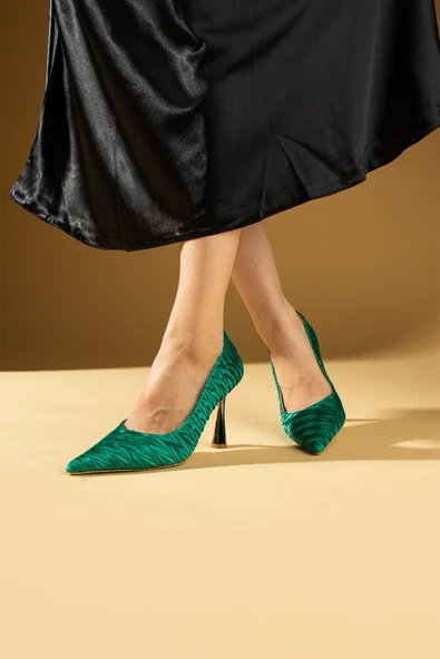 Pembe Potin Kırışık Saten Kadeh Topuklu Rahat Kalıp Kadın Topuklu Ayakkabı 017-1880-23Saten - Resim 10