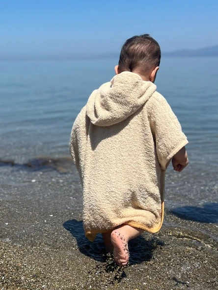 Organik %100 Pamuk Kapşonlu Plaj Çocuk Bebek Panço Bornoz Banyo Havlu Kapüşonlu - 11