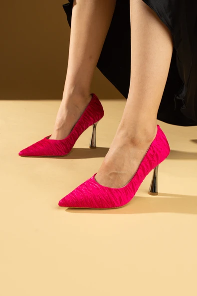 Pembe Potin Kırışık Saten Kadeh Topuklu Rahat Kalıp Kadın Topuklu Ayakkabı 017-1880-23Saten - Resim 6