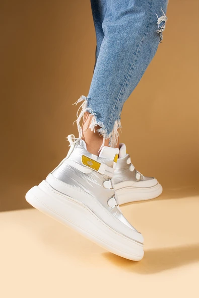 Pembe Potin Fosforlu Kumaş Detaylı Yüksek Taban Cırtlı Sneaker Kadın Bot 36-530-24 - 8