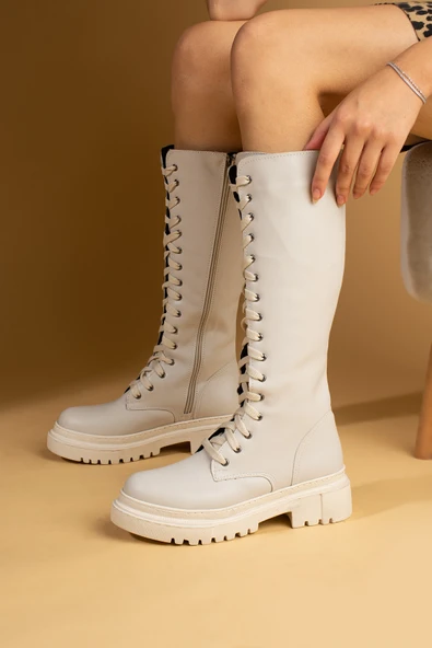 Pembe Potin Kalın Taban Diz Altı Bağcıklı & Fermuarlı Rahat Kalıp Kadın Çizme 59-904-24 - 3