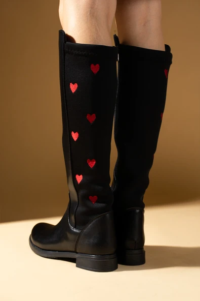 Pembe Potin Kalp Desenli Dalgıç Kumaşlı Esnek Yapılı Diz Altı Kadın Çizme 51-2750-24 - 2