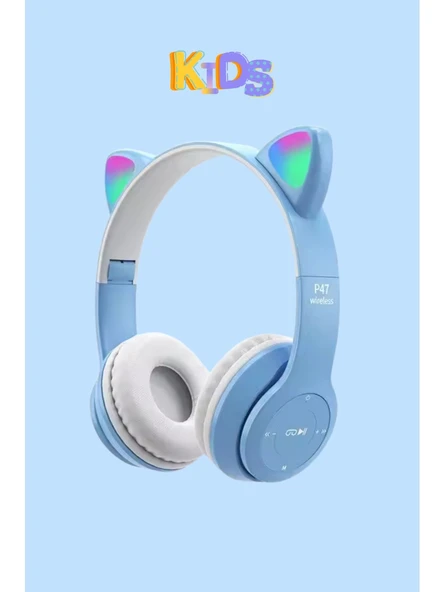 P47M Sevimli Renkli Kedi Kulak Üstü Bluetooth Kulaklık Açık Mavi ürün görseli 1