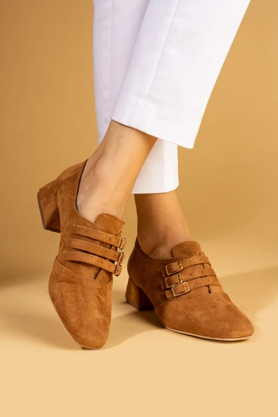 Pembe Potin Küt Burunlu 3 Tokalı Topuklu Kadın Ayakkabı 53-400-24Süet - Resim 11