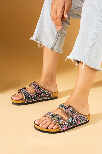 Pembe Potin Renkli Doğal Taşlı Çift Tokalı Anatomik Taban Kadın Terlik 51-605-24 - Resim 3