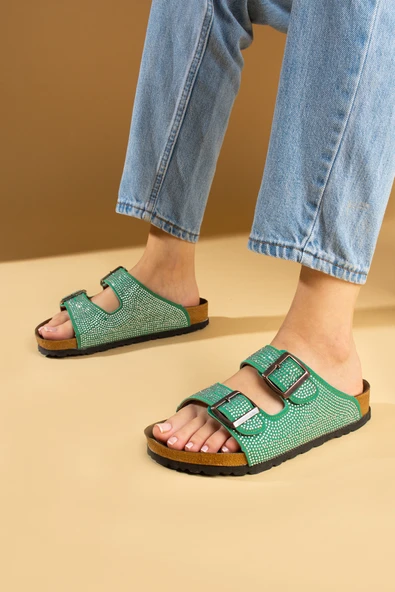 Pembe Potin Parlak Taşlı Ayarlabilir Çift Tokalı Rahat Taban Kadın Terlik 51-606-24 - Resim 3