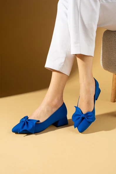 Pembe Potin Fiyonklu Kalın Kısa Topuklu Sivri Burun Kadın Ayakkabı 018-638-25Saten - Resim 8