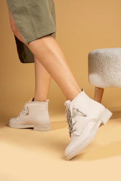 Pembe Potin İnce Parlak Taşlı Sıcak Astar Comfort Taban Bağcıklı Kadın Bot 57-205-24 - Resim 6