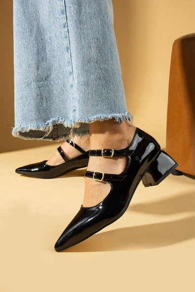 Pembe Potin Sivri Burun Çift Tokalı Kadın Topuklu Ayakkabı 86-27-24Rugan - Resim 6