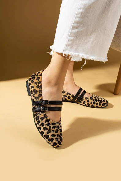 Pembe Potin Leopar Desenli Çift Tokalı Rahat Taban Kadın Babet 57-48-25Leopar - 3