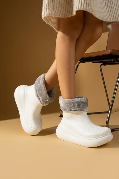 Pembe Potin İçi Kürklü Kalın Taban EVA Su Geçirmez Kadın Yağmur Botu 001-1900-24 - Resim 9