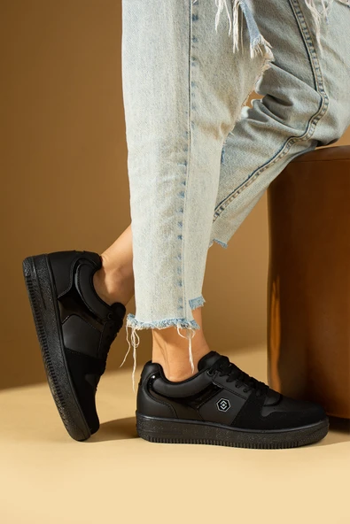 Pembe Potin Bağcıklı Ortopedik Kaymaz Kırılmaz Taban Konforlu Kadın Sneakers 001-2100-Ssiyah - 2