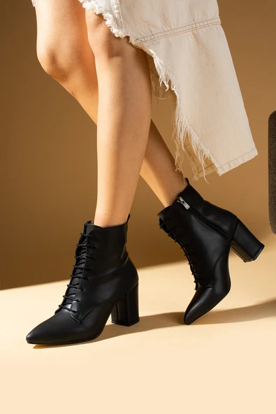 Pembe Potin Sivri Burun Bağcıklı Yandan Fermuarlı Kalın Topuklu Kadın Bot 86-307-24Cilt - Resim 4