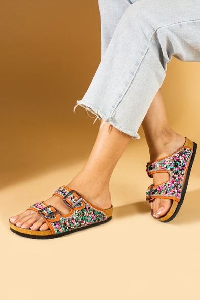 Pembe Potin Renkli Doğal Taşlı Çift Tokalı Anatomik Taban Kadın Terlik 51-605-24 - Resim 12