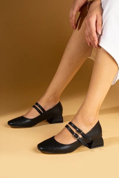 Pembe Potin Kalın Topuklu Küt Burunlu Çift Bantlı Kadın Topuklu Ayakkabı 001-266-24Cilt ürün görseli