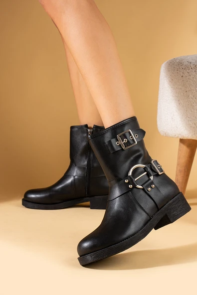 Pembe Potin Metal Toka Detaylı Fermuarlı Rahat Kalıp Kadın Bot 71-3630-24 - Resim 3