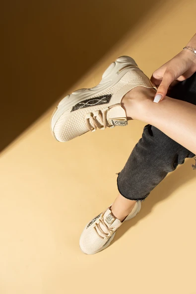 Pembe Potin Taş Detaylı Bağcıklı Triko Rahat Taban Kadın Sneakers 36-871-25 - 8