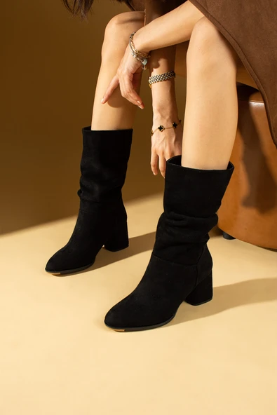 Pembe Potin Oval Burun Körüklü Sıcak Astar Kadın Bot 84-2430-24Süet - Resim 4