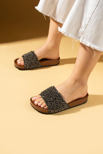 Pembe Potin Taşlı Rahat Taban Kadın Terlik 001-015-25 - Resim 2