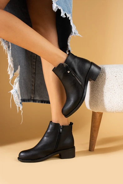 Pembe Potin Yuvarlak Burun Fermuarlı Kalın Topuklu Kadın Bot 57-03-24 - 3