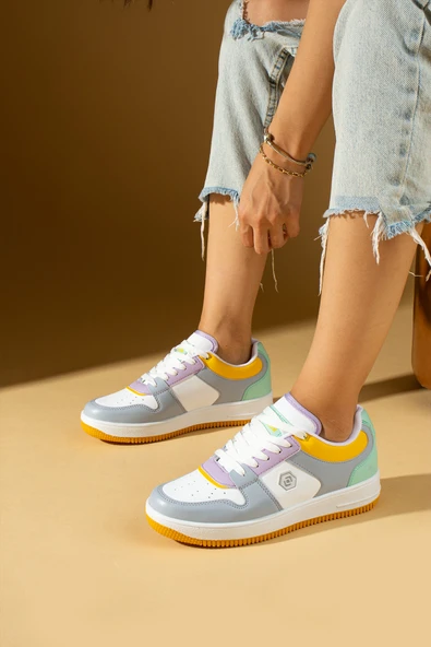 Pembe Potin Bağcıklı Ortopedik Kaymaz Kırılmaz Taban Konforlu Kadın Sneakers 001-2100-Msarı ürün görseli