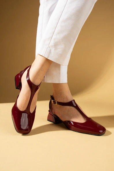 Pembe Potin Küt Burunlu Tokalı Kadın Topuklu Ayakkabı 53-58-25Rugan - Resim 6