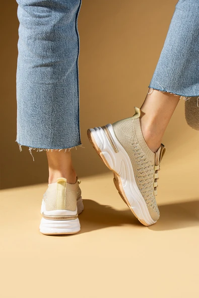 Pembe Potin Parlak Taş Detaylı Bağcıklı Triko Rahat Taban Kadın Sneakers 36-872-25 - 10