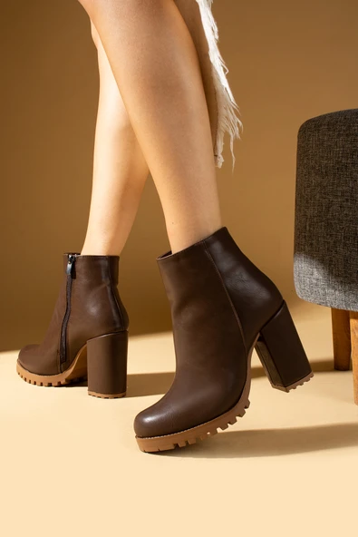 Pembe Potin Kalın Topuklu Fermuarlı Sıcak Astar Kadın Bot 51-5008-24 - Resim 8