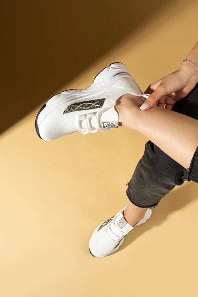 Pembe Potin Taş Detaylı Bağcıklı Triko Rahat Taban Kadın Sneakers 36-871-25 - 7