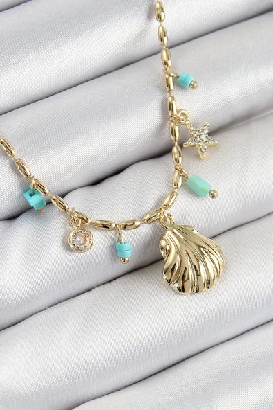 Pirinç Zirkon Taşlı Deniz Kabuğu Model Gold Renk Kadın Kolye - TJ-BKO10368