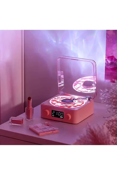 Waves Nostalji Plak Görünümlü Bluetooth Hoparlör 3d Ses Dalgası Retro Müzik Plak Pembe - 2