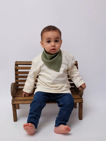 3'lü Müslin Çift Çıtçıtlı %100 Pamuk Bebek Mama / Salya Önlüğü Yeşil, Camel, Beyaz Renk - 4