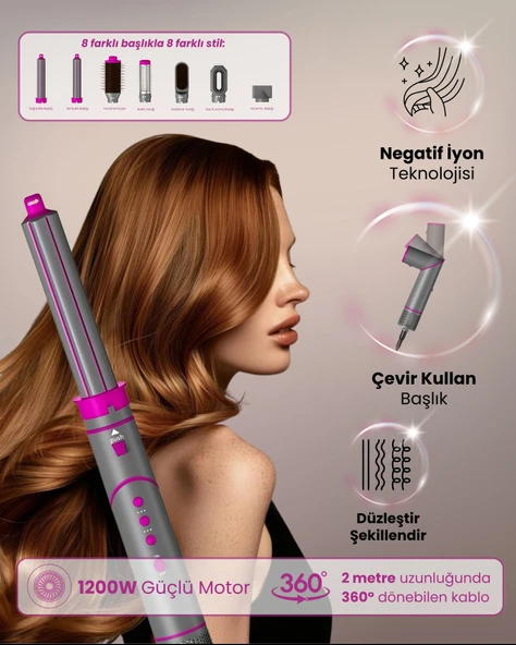 Mieco Aria 8 in 1  Uyumlu  Saç Kurutma ve Şekillendirme Seti - Pink - 1