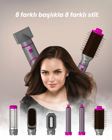 Mieco Aria 8 in 1  Uyumlu  Saç Kurutma ve Şekillendirme Seti - Pink - Resim 3